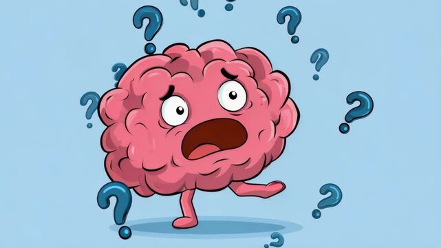 confused pink brain surrounded by question marks illustrated animation