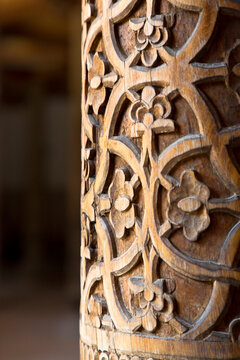 UZBEKISTAN - KHIVA - ANCIENT WOODEN INTERIOR OF JUMA MOSQUE IN KHIVA WITH DETAIL OF HISTORIC CARVED WOODEN COLUMN - HISTORIC ISLAMIC ARCHITECTURE AND ORIENTAL HERITAGE LANDMARK