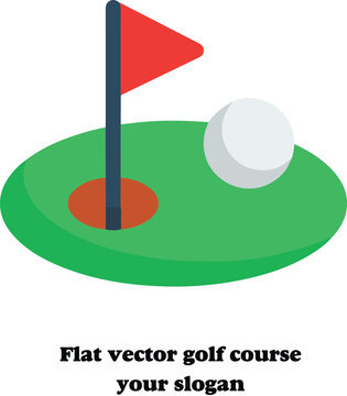 Flat Vector Golf Course Illustration with Flag, Golf Ball and Hole.