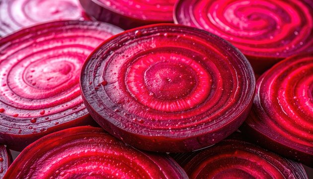 Vibrant beet slices with concentric rings and water droplets, deeply colored