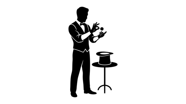 Magician's Sleight of Hand: A silhouette of a magician in a tuxedo performing a trick with a small ball and a top hat on a pedestal, showcasing illusion and mystery.