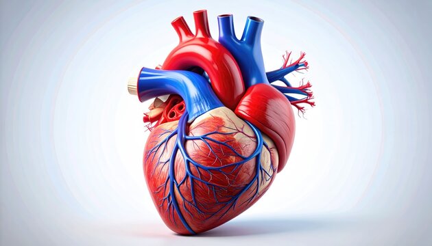 Realistic anatomical human heart with prominent arteries and veins, isolated on white