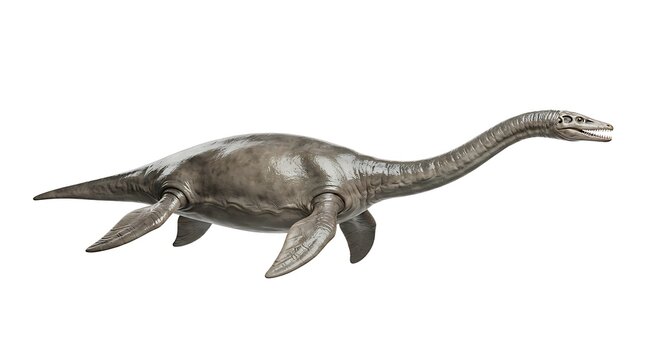 Detailed studio shot of a plesiosaur model, an ancient marine reptile, against a clean white background.