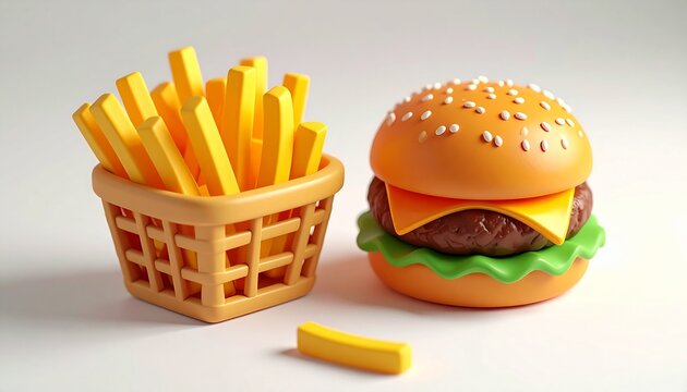 3D clay animation style burger and french fries combo meal on white