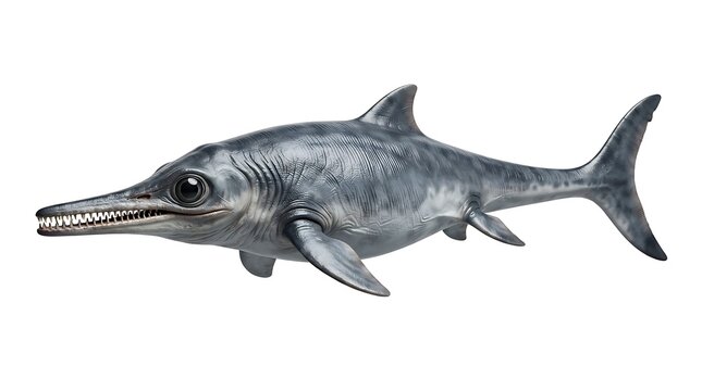 Realistic model of an ancient Ichthyosaur marine reptile with a long snout and sharp teeth, depicted against a white background.