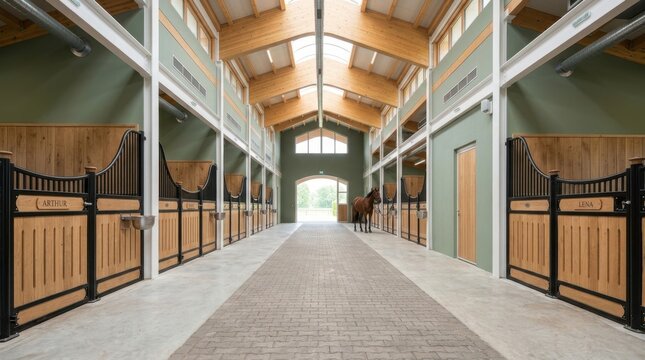 A bay horse stands inside a modern, spacious stable aisle with wooden stalls and bright lighting