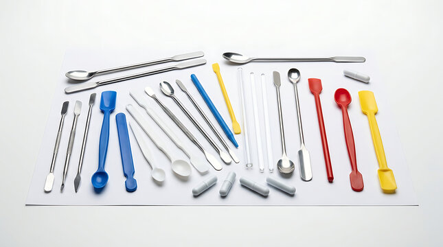 Assorted laboratory mixing spatulas and stirrers arranged on a white surface