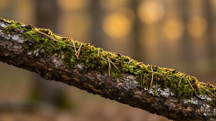 Obraz premium Mossy branch in forest, golden light filtering through trees behind.
