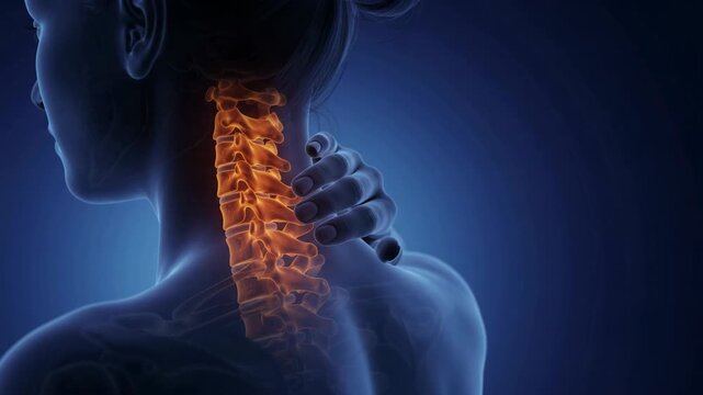 Woman Neck Pain - Glowing Cervical Spine with Hand Rubbing Aching Vertebrae - 3D Medical Illustration 4K Footage
