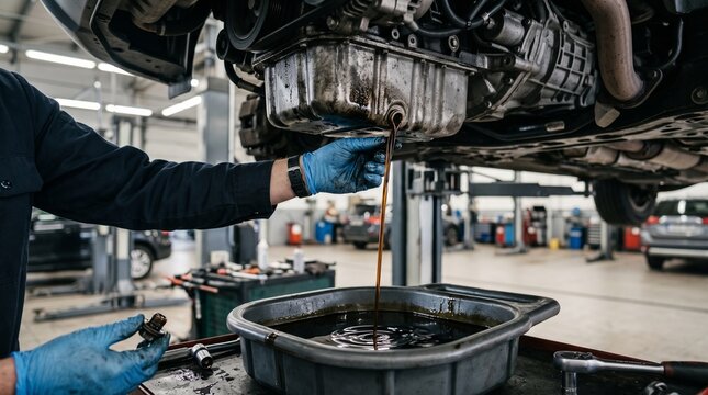 Automotive mechanic repairing a car underbody in a professional workshop