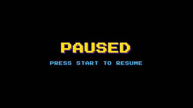 Retro paused text with press start to resume message in yellow and cyan pixel style for arcade game design