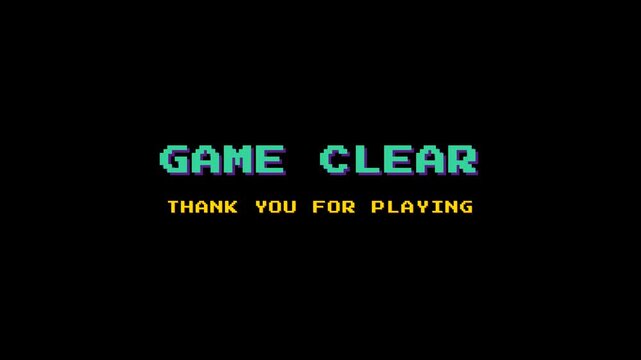 Retro game clear text with thank you for playing message in teal and yellow pixel style for arcade game design