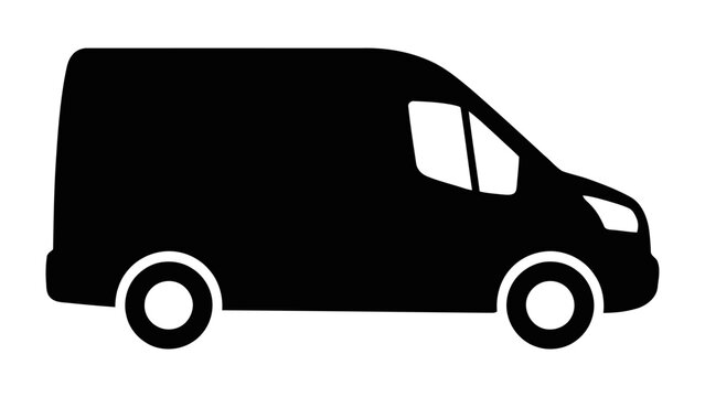 Cargo Van Silhouette: A minimalist black silhouette of a modern cargo van, perfect for illustrating logistics, delivery services, or transportation needs.