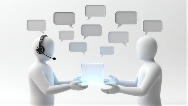 Two figures exchange a glowing device, surrounded by floating speech bubbles.