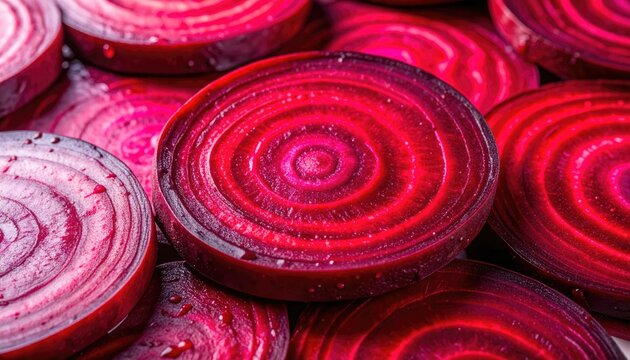 Close-up of vibrant, circular beetroot slices with concentric rings