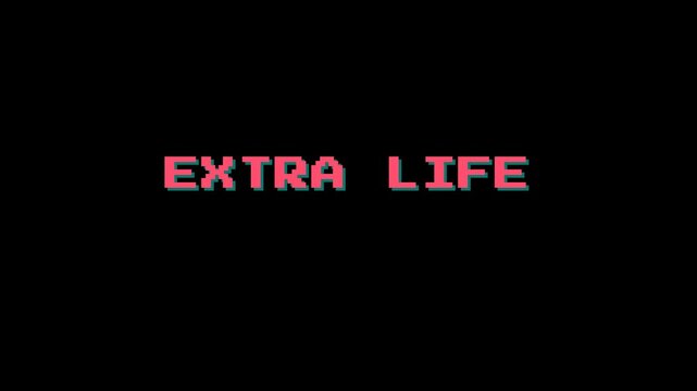 Retro extra life text with plus one up message in pink and white pixel style for arcade game design