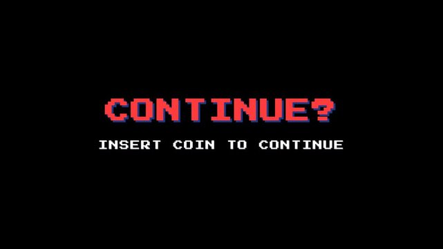 Retro continue text with insert coin message in red and white pixel style for arcade game design