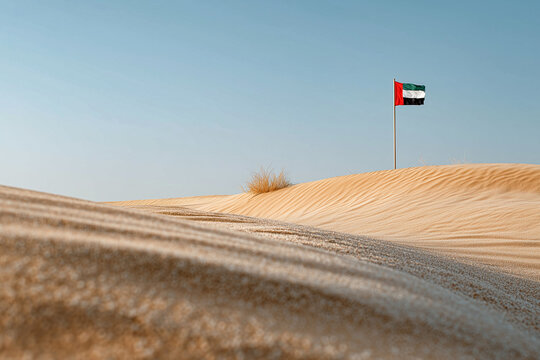 United Arab Emirates flag waves above golden desert dunes beneath a clear blue sky, with ample copy space.