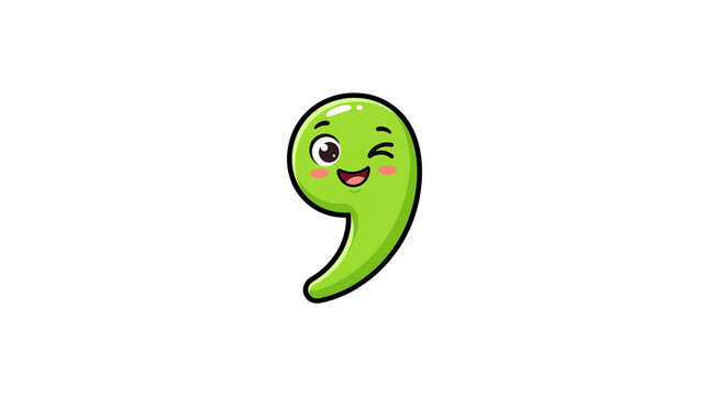 Cute green comma mark mascot character with winking eye expression cartoon vector illustration isolated on white background