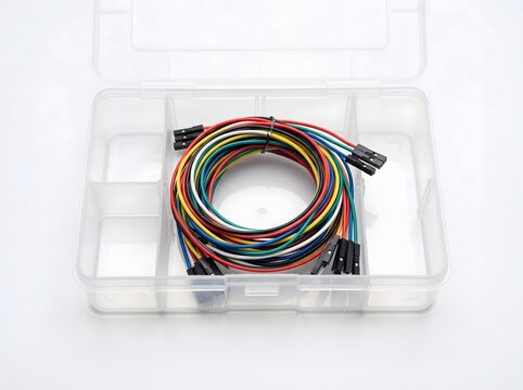 Loop of colorful breadboard jumper cables inside plastic storage box.