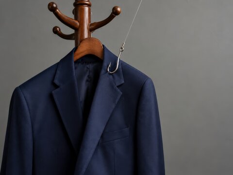Tailored navy suit jacket hangs on wooden coat stand with steel