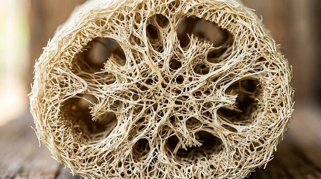 Close up shot of dried natural luffa sponge cross section