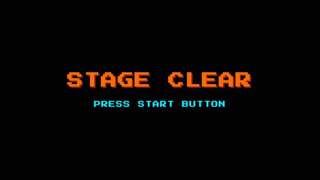 Retro stage clear text with press start button message in orange and cyan pixel style for arcade game design