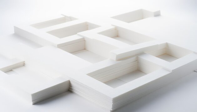 White architectural study model with geometric floor plan, recessed spaces and layered foam board walls on a bright studio surface