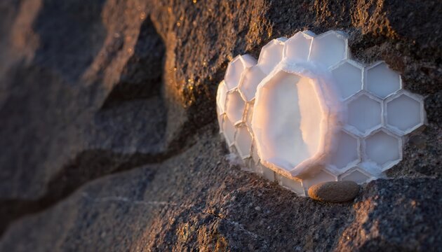 Translucent white hexagonal halite salt crystals glowing in warm sunset light on a dark rocky shoreline, close-up of a natural mineral formation beside the water