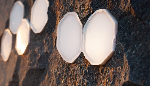 Glowing white mineral crystals embedded in dark volcanic rock, close-up of luminous stone formations with warm amber light and dramatic natural texture