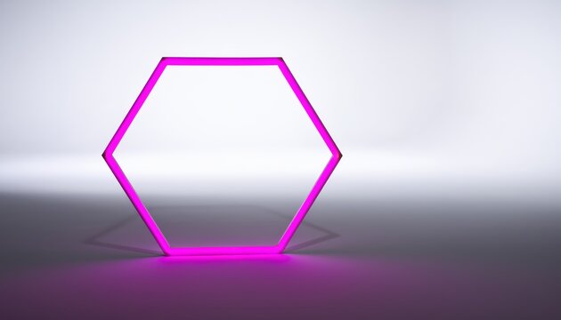 Glowing magenta hexagon frame standing on a reflective floor in a minimalist studio, with soft dramatic lighting and a geometric neon outline
