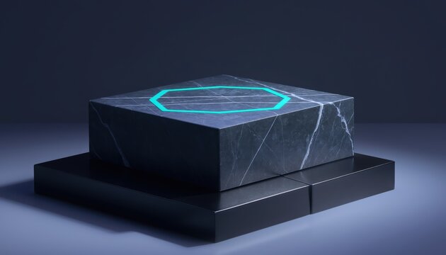 Dark marble presentation pedestal with glowing turquoise hexagonal outline in a dramatic minimalist studio, polished stone block on a black platform with cinematic cool lighting