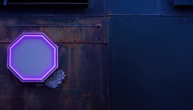 Glowing purple octagonal blank sign on a weathered rusted metal wall, futuristic industrial sci-fi background with dark blue panels and generous copy space for text on the right in moody neon lighting