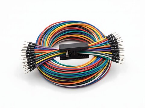 Coiled jumper wires secured with black clamp for efficient lab organization.
