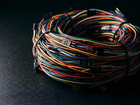 Colorful coiled jumper wires for electronics prototypes and circuits.