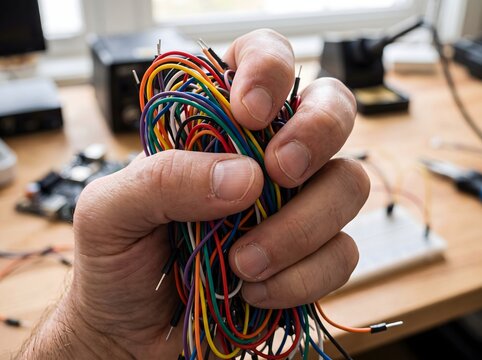 Hand holding messy bunch of jumper wires for electronics project testing.