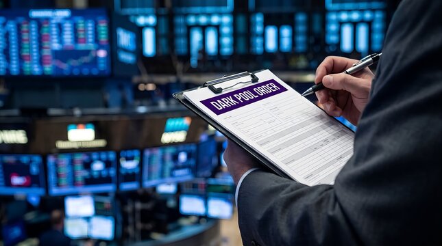 Financial Professional Reviewing Dark Pool Trading Orders on a Clipboard in a High Frequency Exchange Trading Floor Environment