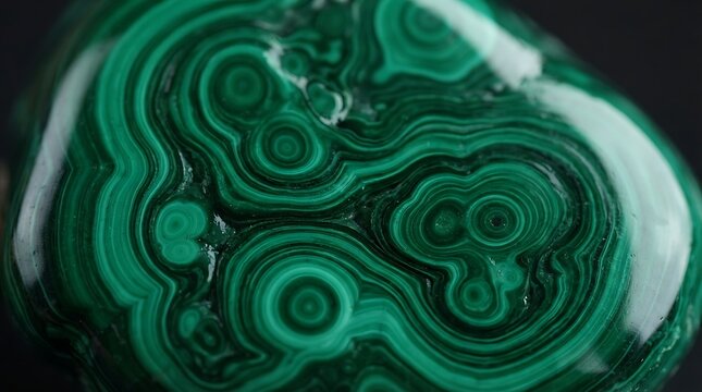 Polished malachite gemstone featuring intricate vibrant green banding patterns