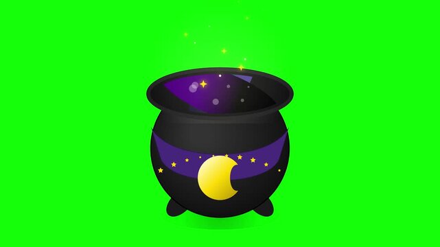 Cute witch cauldron with green bubbling potion on green screen background