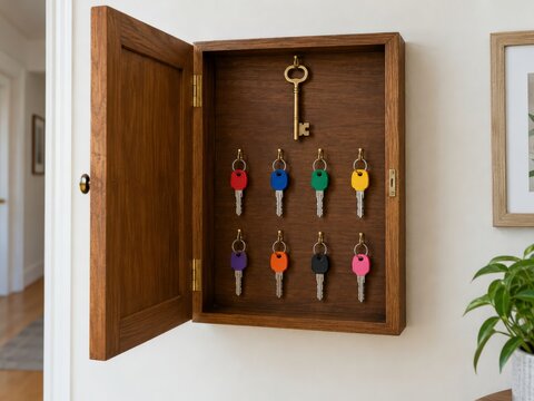 Wooden key cabinet mounted on the wall holds colorful keys