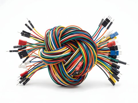 Tangled knot of colorful electronic jumper wires for breadboard use.