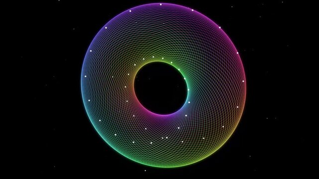 Rainbow Colorful Wireframe Torus with Glowing Dots Animation