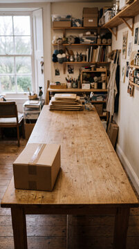 Quiet ecommerce prep, plain box and flat mailers, copy space