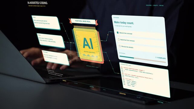 A tablet is in use. A task planning app develops through natural language instructions and AI assistance, with a preview providing context for refining the proposed implementation.