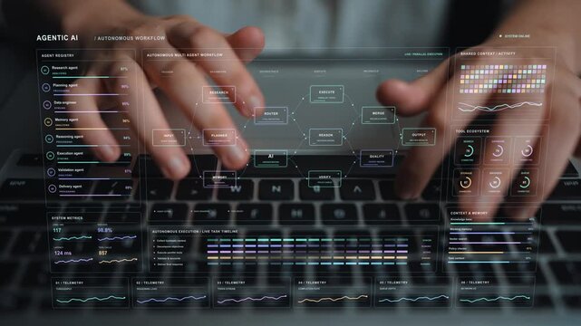 Work continues on a laptop. Task decomposition and shared context allow collaborating AI agents to work in parallel, then bring their outputs together for quality review.