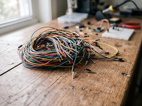 Messy pile of jumper wires on wooden workbench for electronics work.