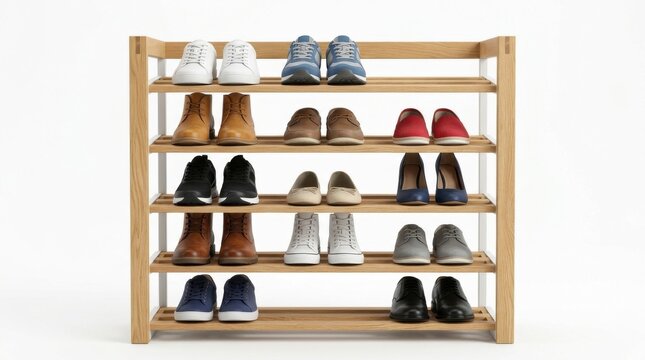 Wooden shoe rack with various pairs of footwear organized on shelves