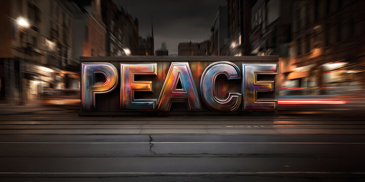 Urban graffiti featuring the word "peace" in warm colors