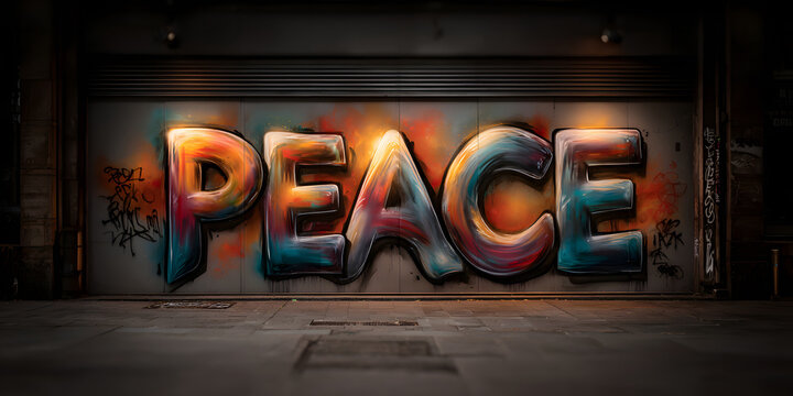 Urban graffiti featuring the word "peace" in warm colors