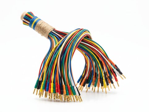 Decorative bundle of colorful jumper cables tied with rustic hemp rope.